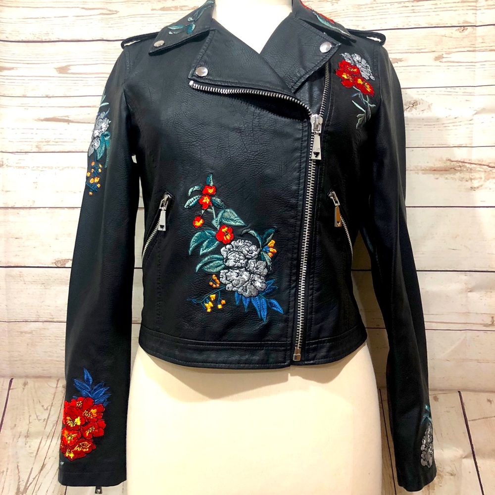 Guess Embroidered Faux Leather Moto Jacket